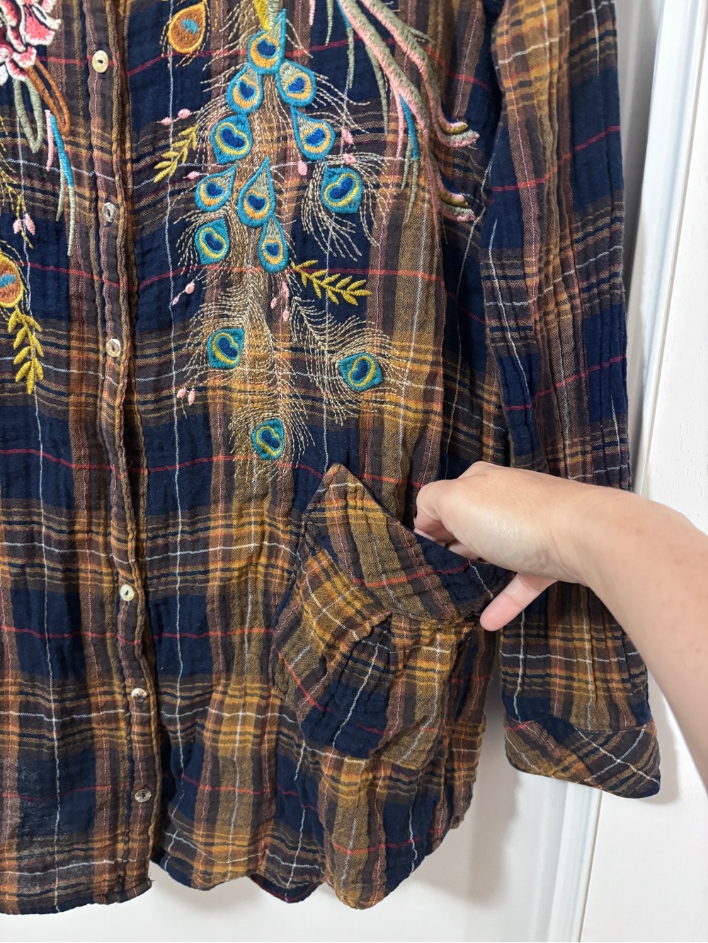 Johnny Was Quito Painters Smock Size Small Tunic Plaid Floral Peacock Gauze Soft - Picture 3 of 11